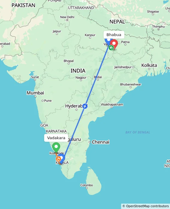 Route map showing distance and travel time from Vadakara, India to Bhabua, India