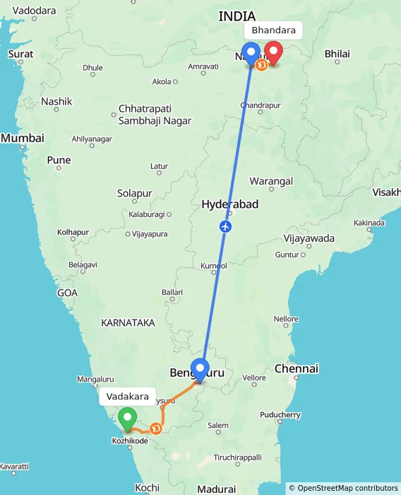 Route map showing distance and travel time from Vadakara, India to Bhandara, India
