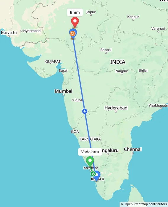 Route map showing distance and travel time from Vadakara, India to Bhim, India