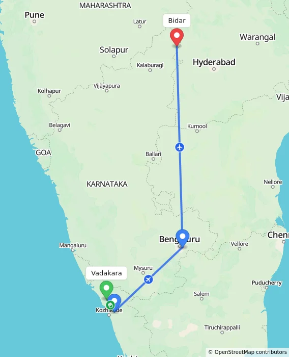 Route map showing distance and travel time from Vadakara, India to Bidar, India