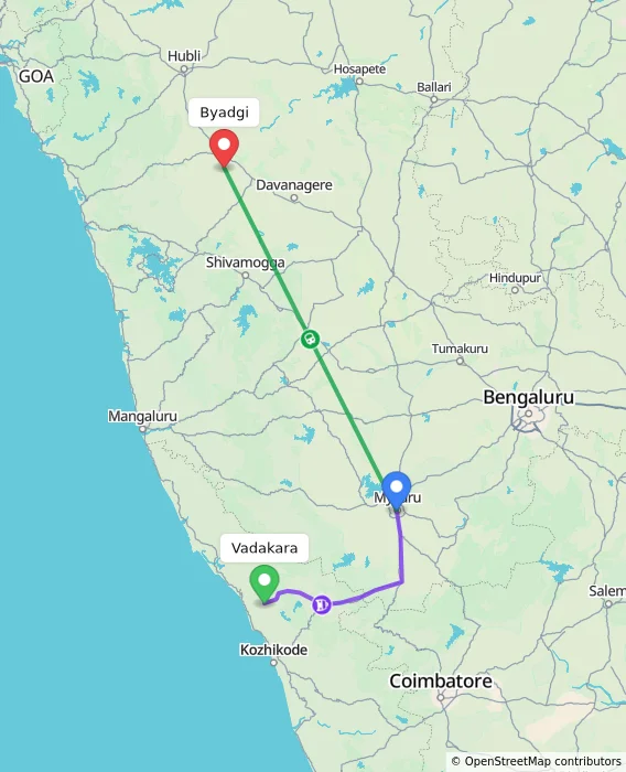Route map showing distance and travel time from Vadakara, India to Byadgi, India