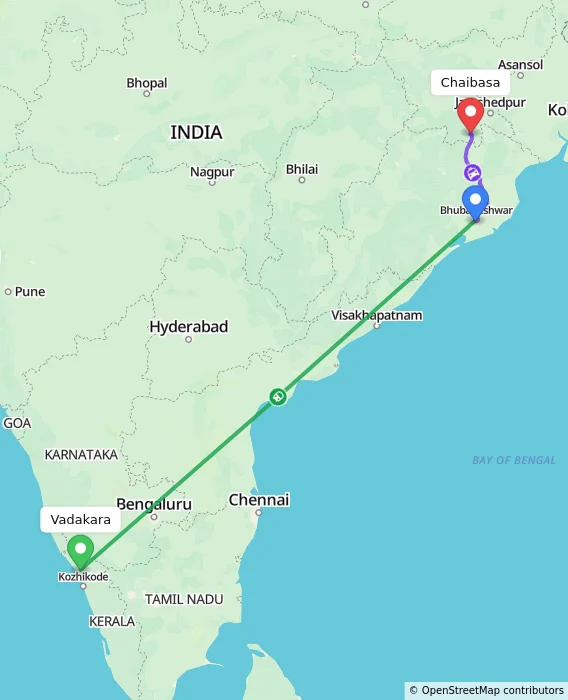 Route map showing distance and travel time from Vadakara, India to Chaibasa, India