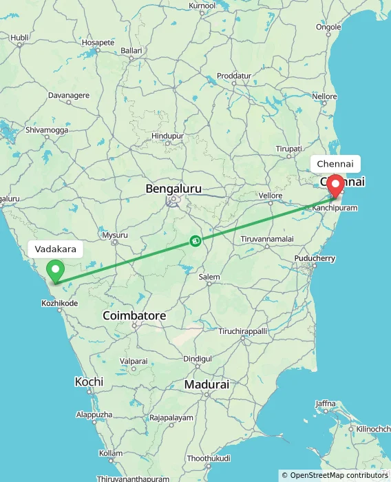 Route map showing distance and travel time from Vadakara, India to Chennai, India