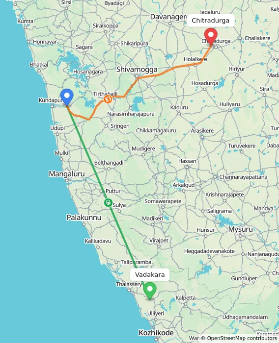 Route map showing distance and travel time from Vadakara, India to Chitradurga, India