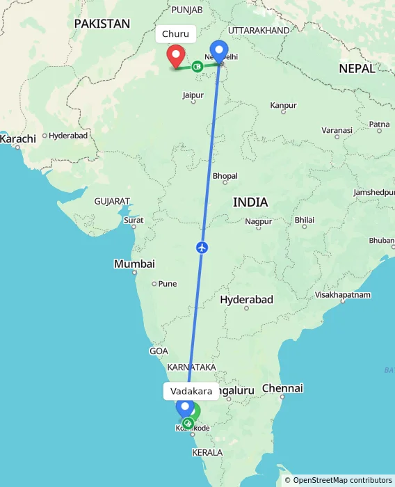 Route map showing distance and travel time from Vadakara, India to Churu, India