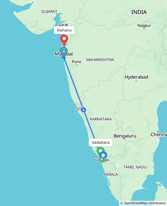Route map showing distance and travel time from Vadakara, India to Dahanu, India