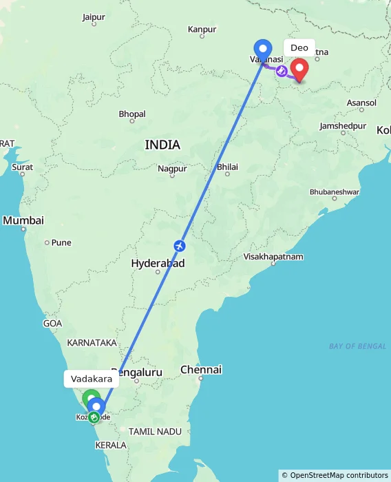 Route map showing distance and travel time from Vadakara, India to Deo, India