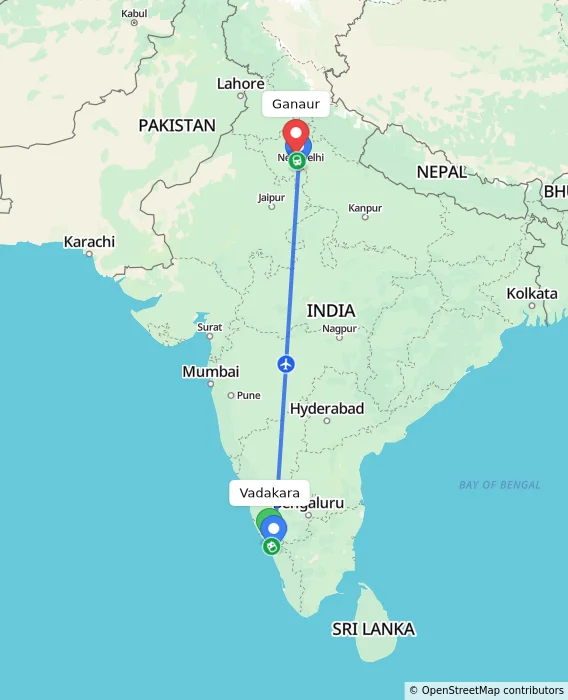 Route map showing distance and travel time from Vadakara, India to Ganaur, India