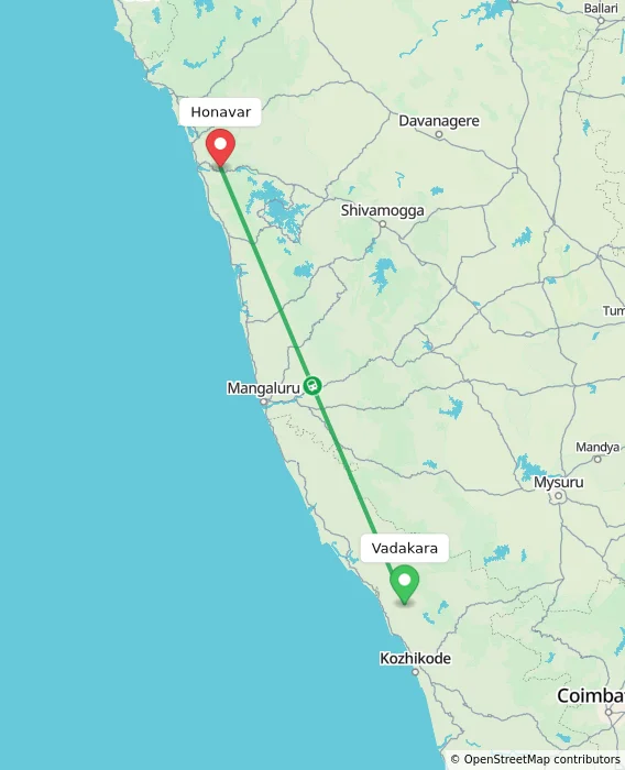 Route map showing distance and travel time from Vadakara, India to Honavar, India