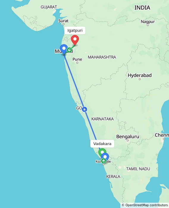 Route map showing distance and travel time from Vadakara, India to Igatpuri, India