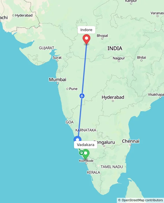 Route map showing distance and travel time from Vadakara, India to Indore, India