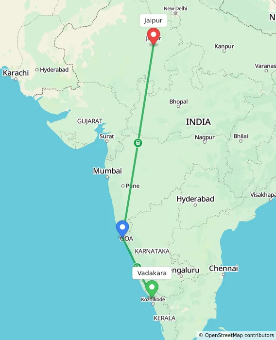 Route map showing distance and travel time from Vadakara, India to Jaipur, India