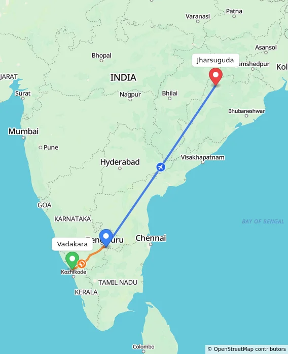 Route map showing distance and travel time from Vadakara, India to Jharsuguda, India