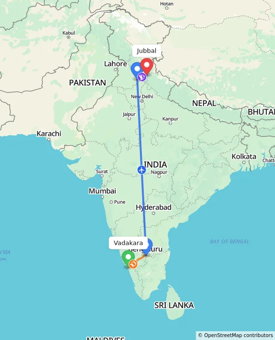 Route map showing distance and travel time from Vadakara, India to Jubbal, India