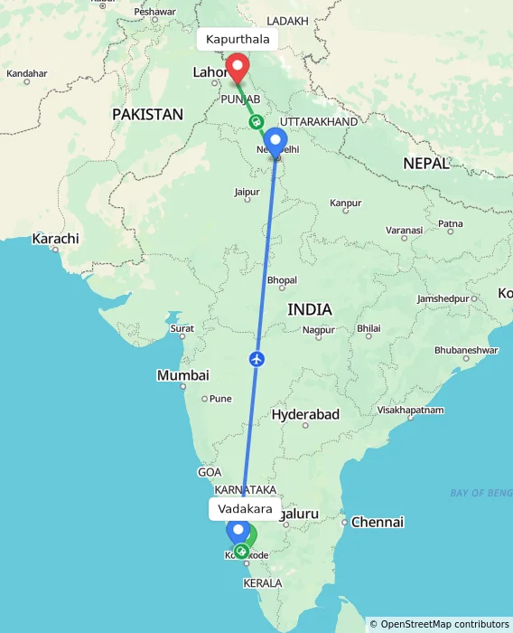 Route map showing distance and travel time from Vadakara, India to Kapurthala, India