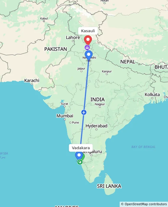Route map showing distance and travel time from Vadakara, India to Kasauli, India