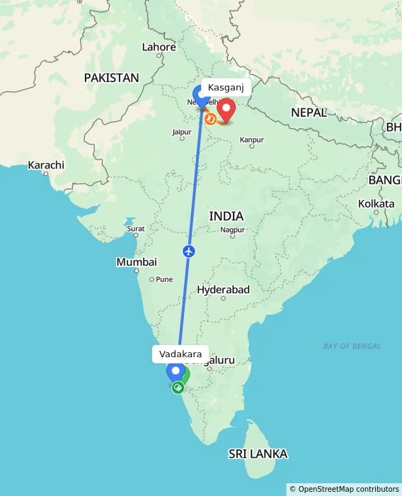 Route map showing distance and travel time from Vadakara, India to Kasganj, India