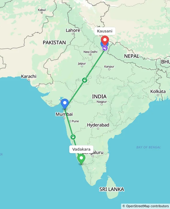 Route map showing distance and travel time from Vadakara, India to Kausani, India