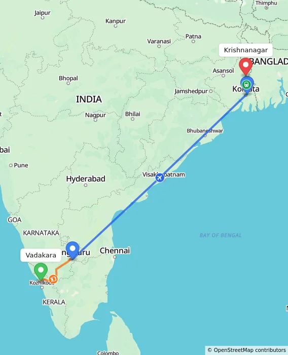 Route map showing distance and travel time from Vadakara, India to Krishnanagar, India