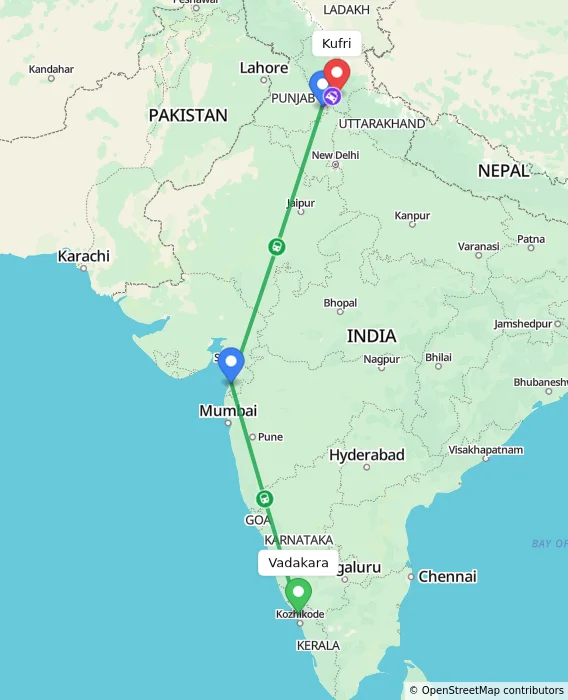 Route map showing distance and travel time from Vadakara, India to Kufri, India