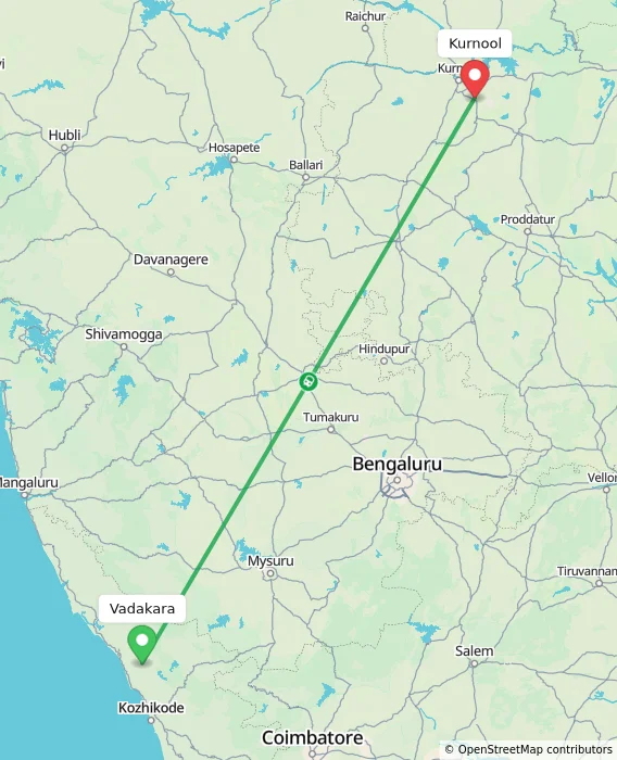 Route map showing distance and travel time from Vadakara, India to Kurnool, India