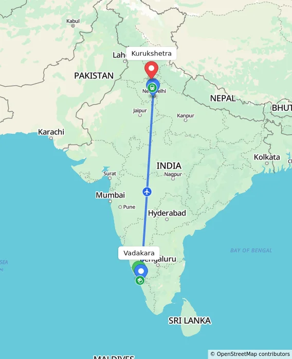 Route map showing distance and travel time from Vadakara, India to Kurukshetra, India