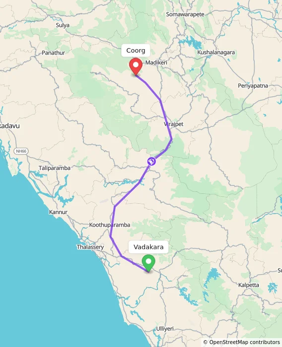 Route map showing distance and travel time from Vadakara, India to Madikeri, India