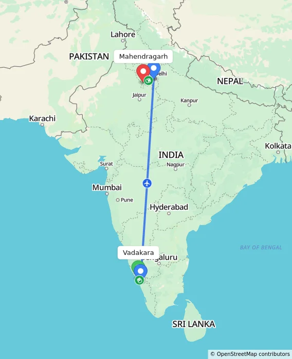 Route map showing distance and travel time from Vadakara, India to Mahendragarh, India
