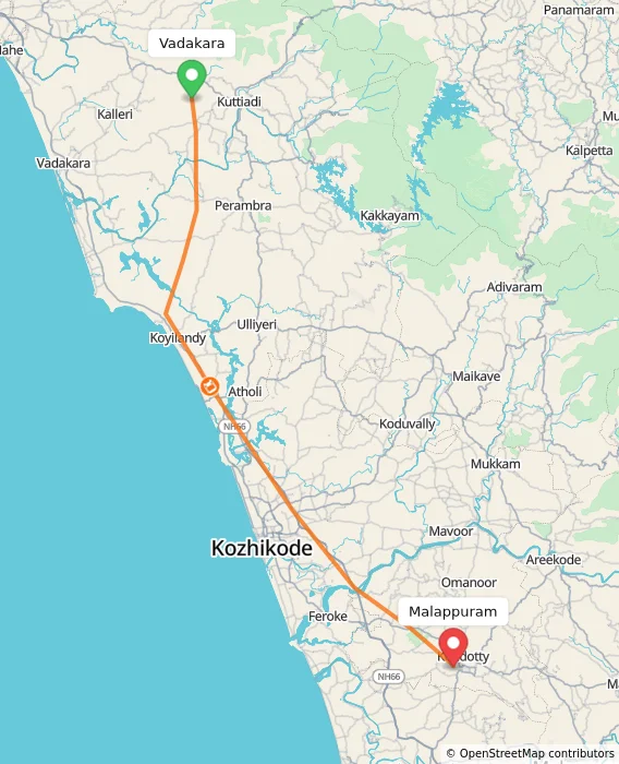 Route map showing distance and travel time from Vadakara, India to Malappuram, India