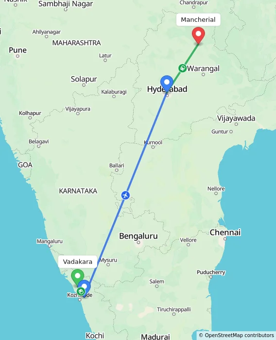 Route map showing distance and travel time from Vadakara, India to Mancherial, India