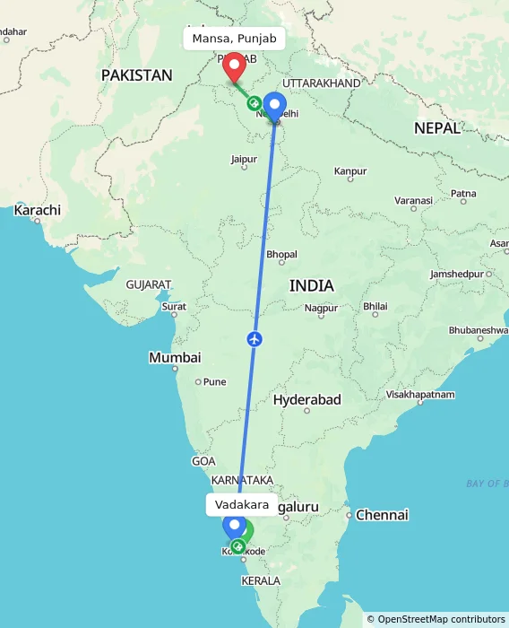 Route map showing distance and travel time from Vadakara, India to Mansa, Punjab, India