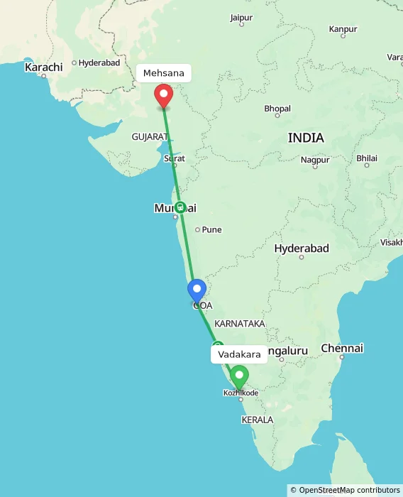 Route map showing distance and travel time from Vadakara, India to Mehsana, India
