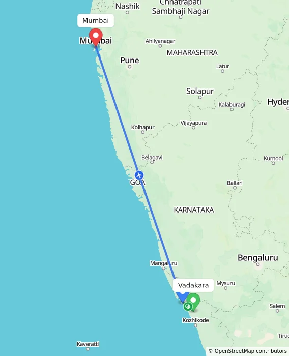 Route map showing distance and travel time from Vadakara, India to Mumbai, India
