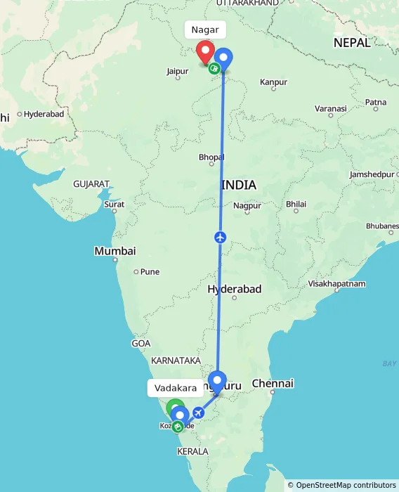 Route map showing distance and travel time from Vadakara, India to Nagar, India
