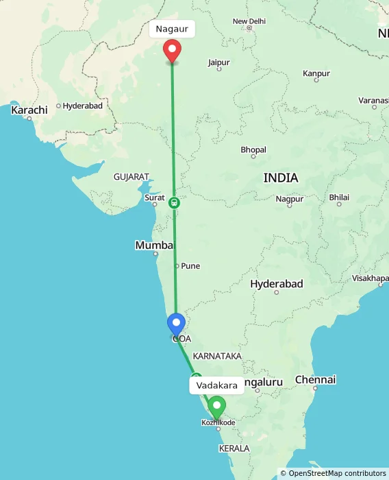 Route map showing distance and travel time from Vadakara, India to Nagaur, India