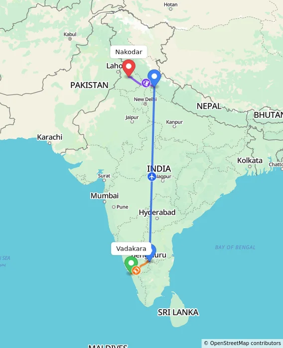 Route map showing distance and travel time from Vadakara, India to Nakodar, India