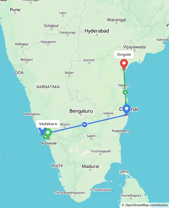 Route map showing distance and travel time from Vadakara, India to Ongole, India