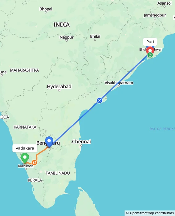 Route map showing distance and travel time from Vadakara, India to Puri, India