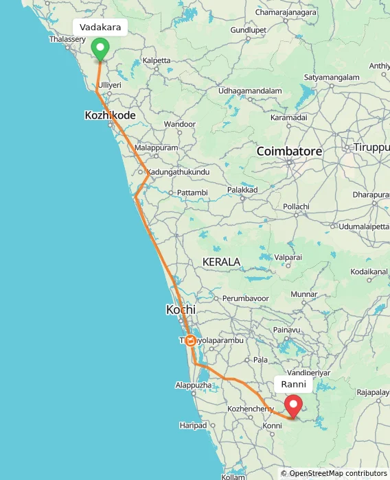 Route map showing distance and travel time from Vadakara, India to Ranni, India