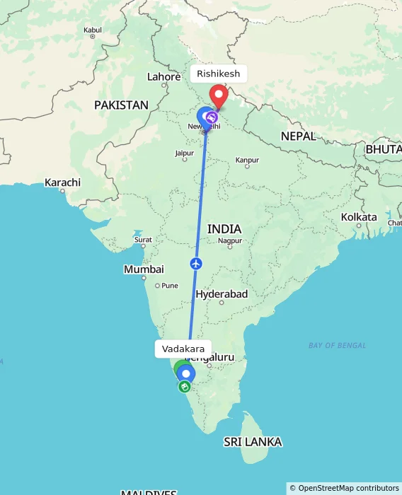 Route map showing distance and travel time from Vadakara, India to Rishikesh, India