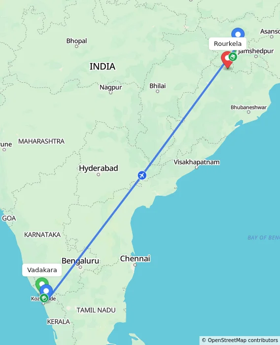 Route map showing distance and travel time from Vadakara, India to Rourkela, India