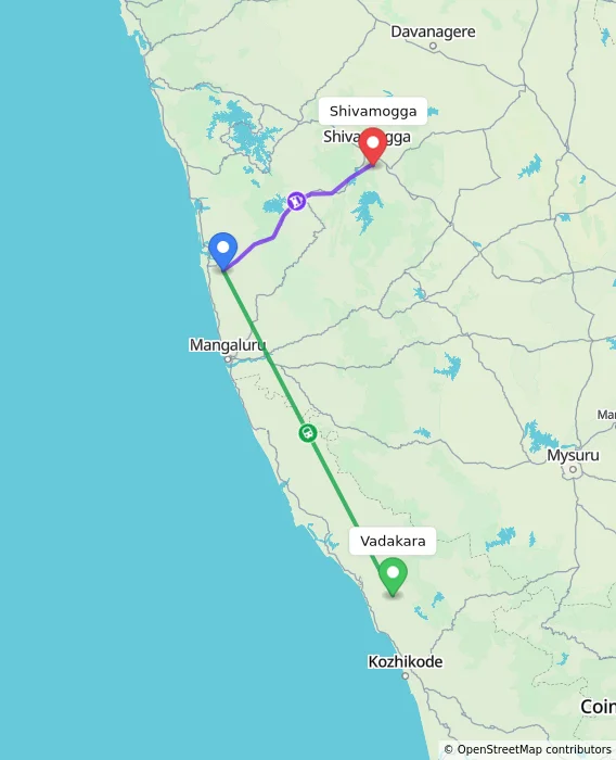 Route map showing distance and travel time from Vadakara, India to Shivamogga, India