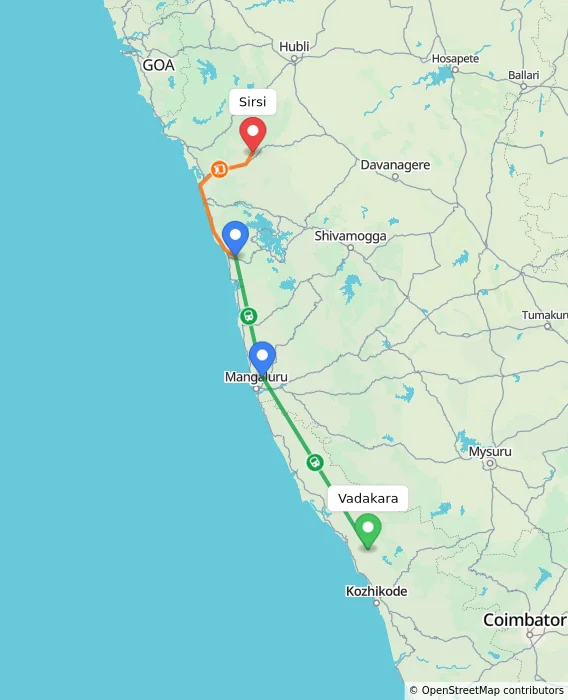 Route map showing distance and travel time from Vadakara, India to Sirsi, India
