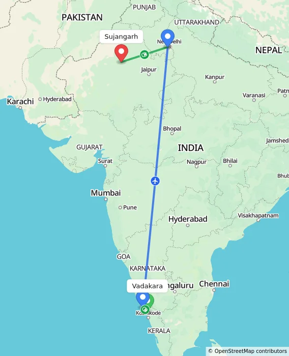 Route map showing distance and travel time from Vadakara, India to Sujangarh, India
