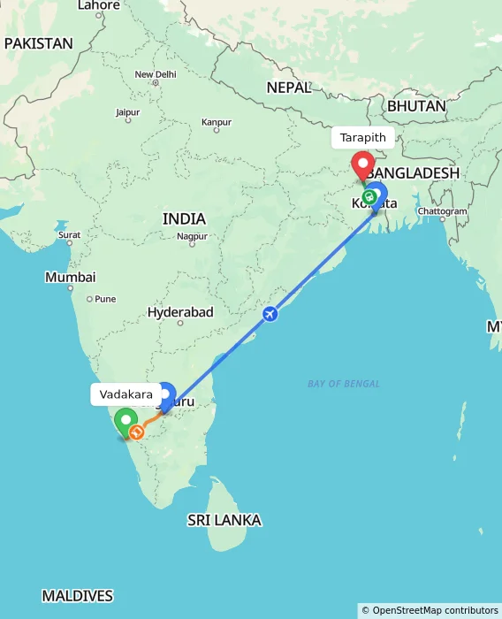 Route map showing distance and travel time from Vadakara, India to Tarapith, India