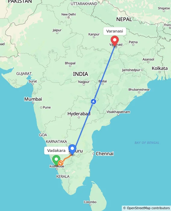 Route map showing distance and travel time from Vadakara, India to Varanasi, India