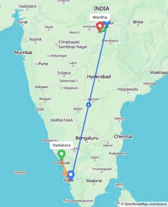 Route map showing distance and travel time from Vadakara, India to Wardha, India