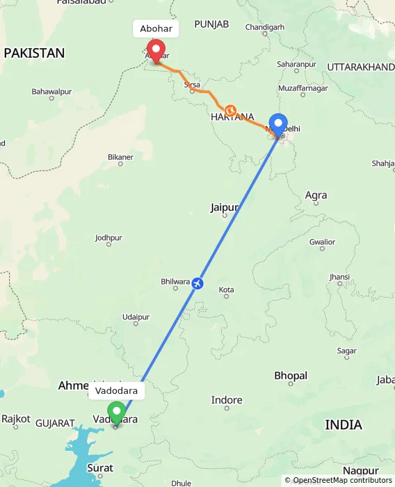 Route map showing distance and travel time from Vadodara, India to Abohar, India