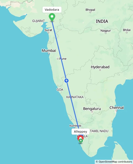 Route map showing distance and travel time from Vadodara, India to Alappuzha, India