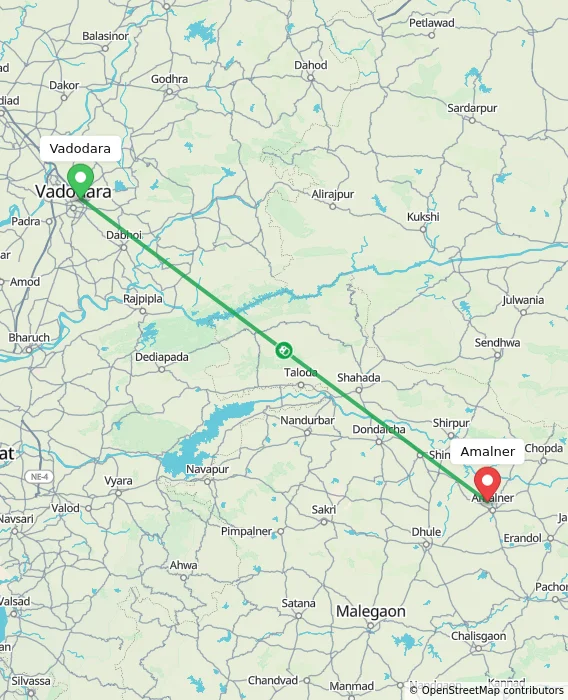 Route map showing distance and travel time from Vadodara, India to Amalner, India